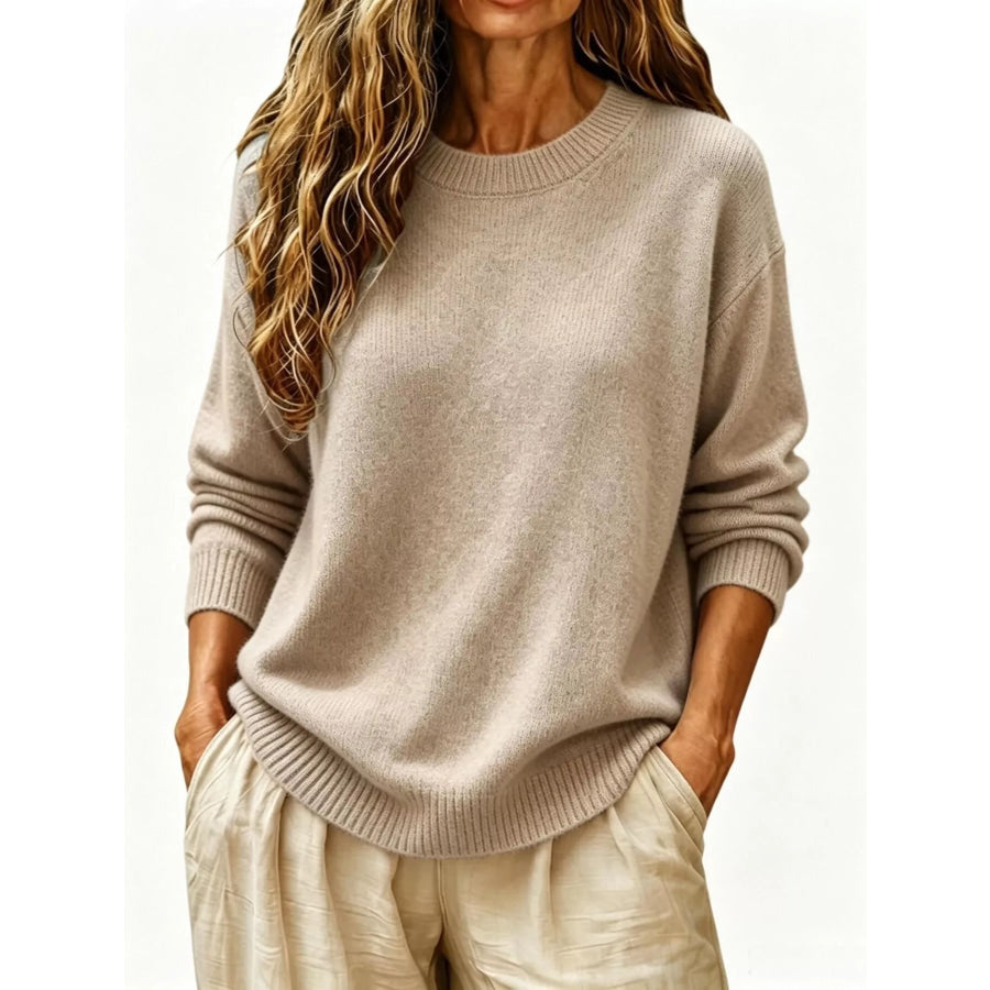 Full Size Round Neck Dropped Shoulder Sweater Plus Size Khaki / S Apparel and Accessories
