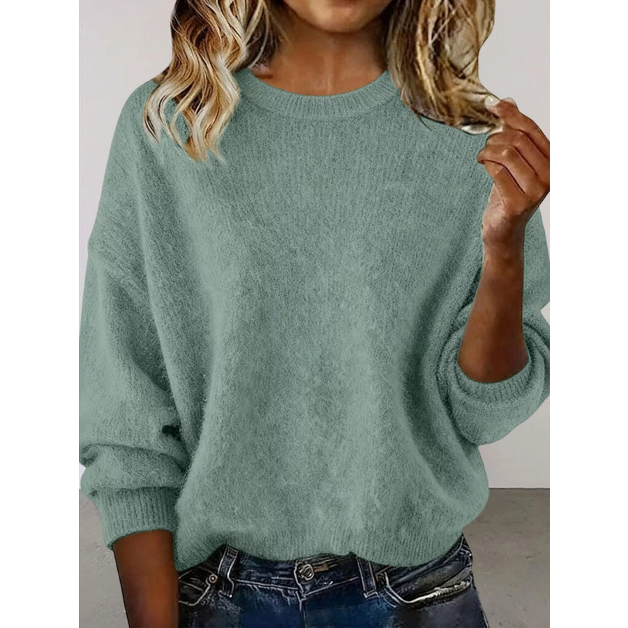 Full Size Round Neck Dropped Shoulder Sweater Plus Size Light Green / S Apparel and Accessories
