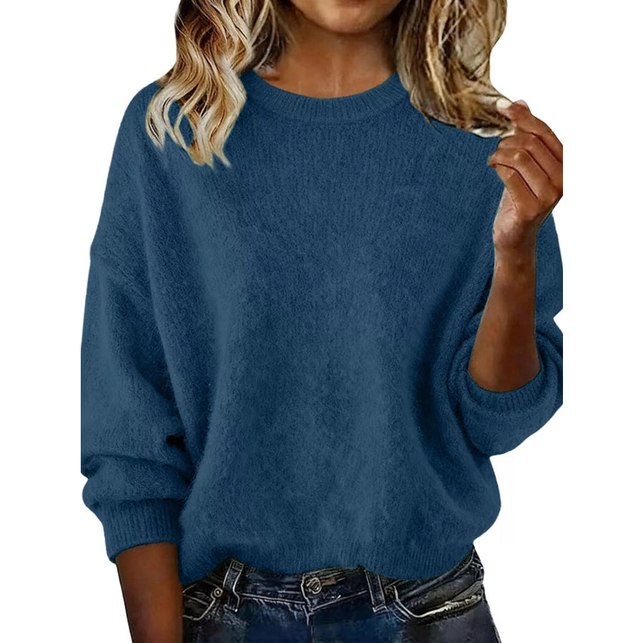 Full Size Round Neck Dropped Shoulder Sweater Plus Size Navy Blue / S Apparel and Accessories