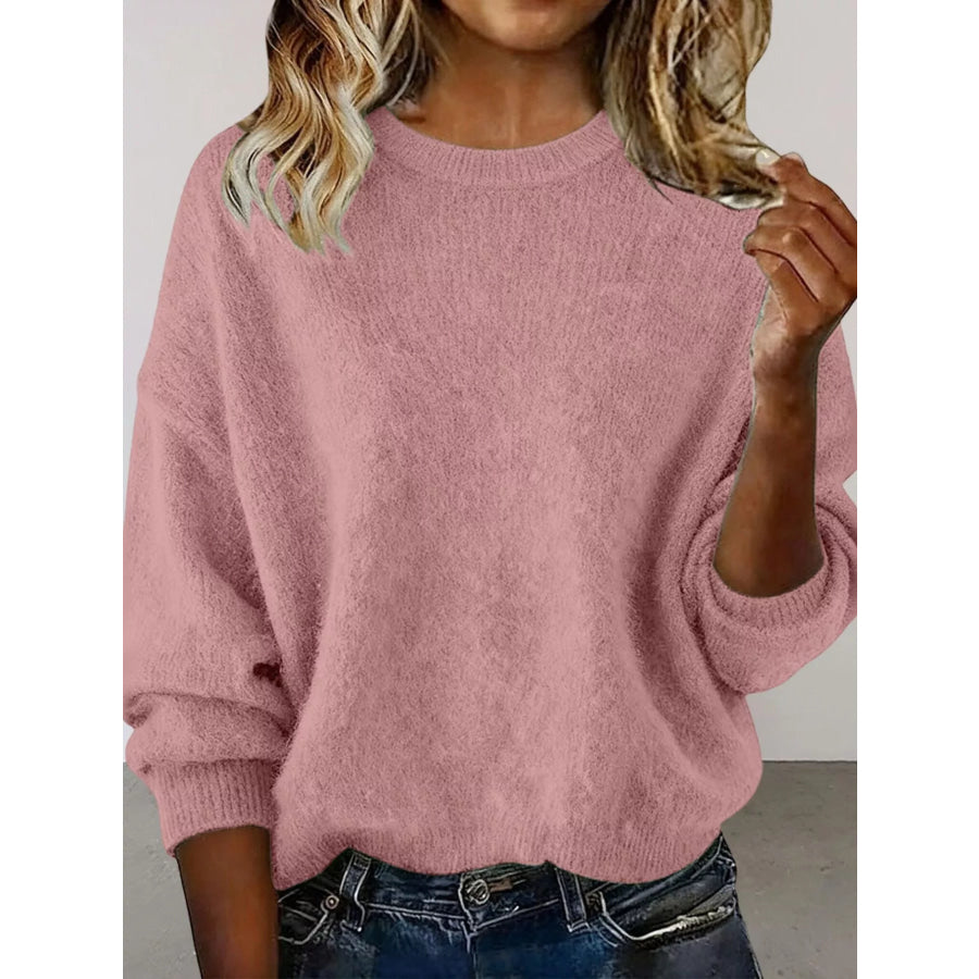 Full Size Round Neck Dropped Shoulder Sweater Plus Size Pink / S Apparel and Accessories
