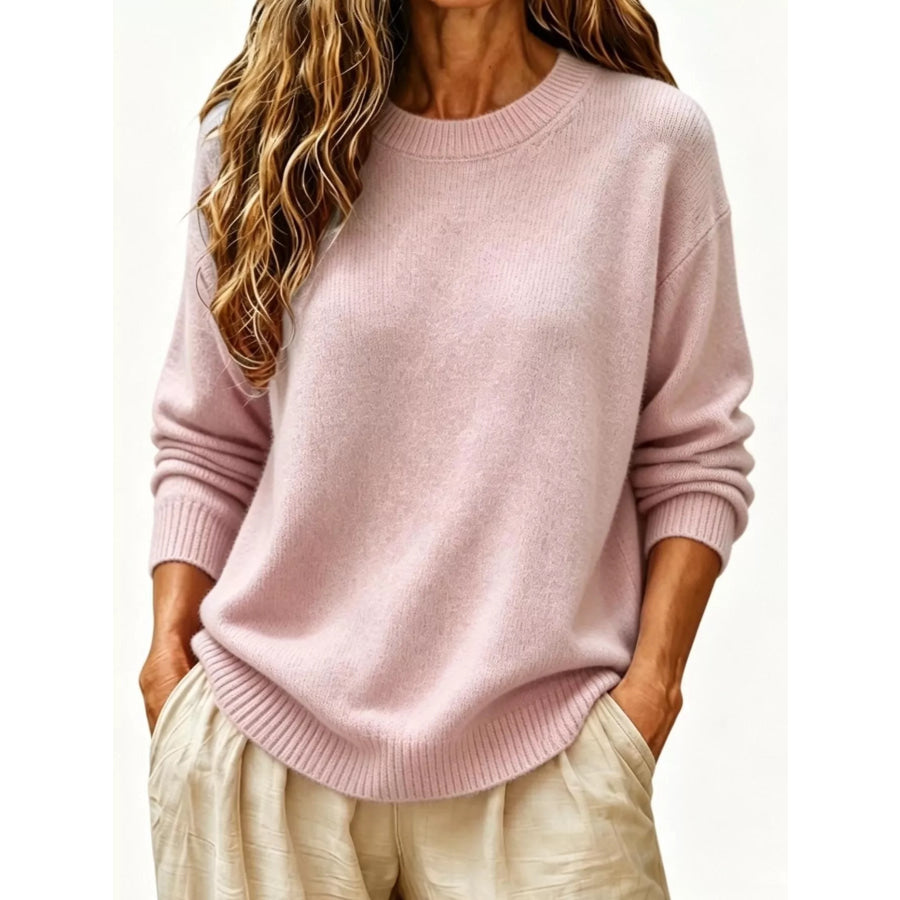 Full Size Round Neck Dropped Shoulder Sweater Plus Size Pink / S Apparel and Accessories