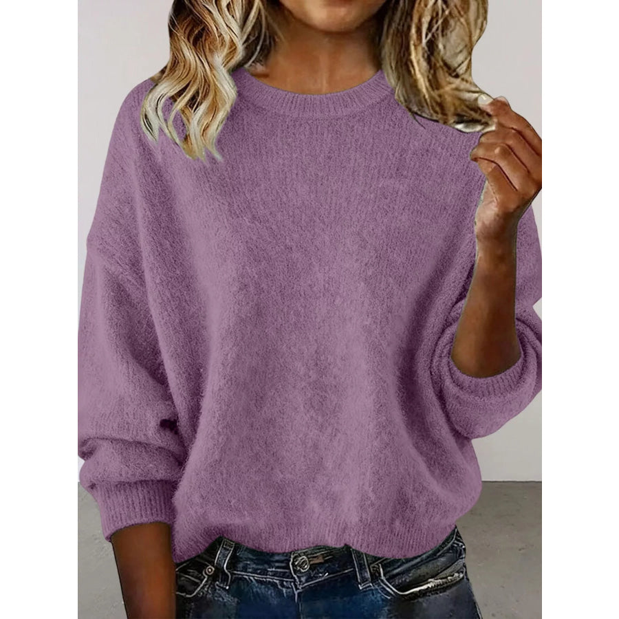Full Size Round Neck Dropped Shoulder Sweater Plus Size Purple / S Apparel and Accessories