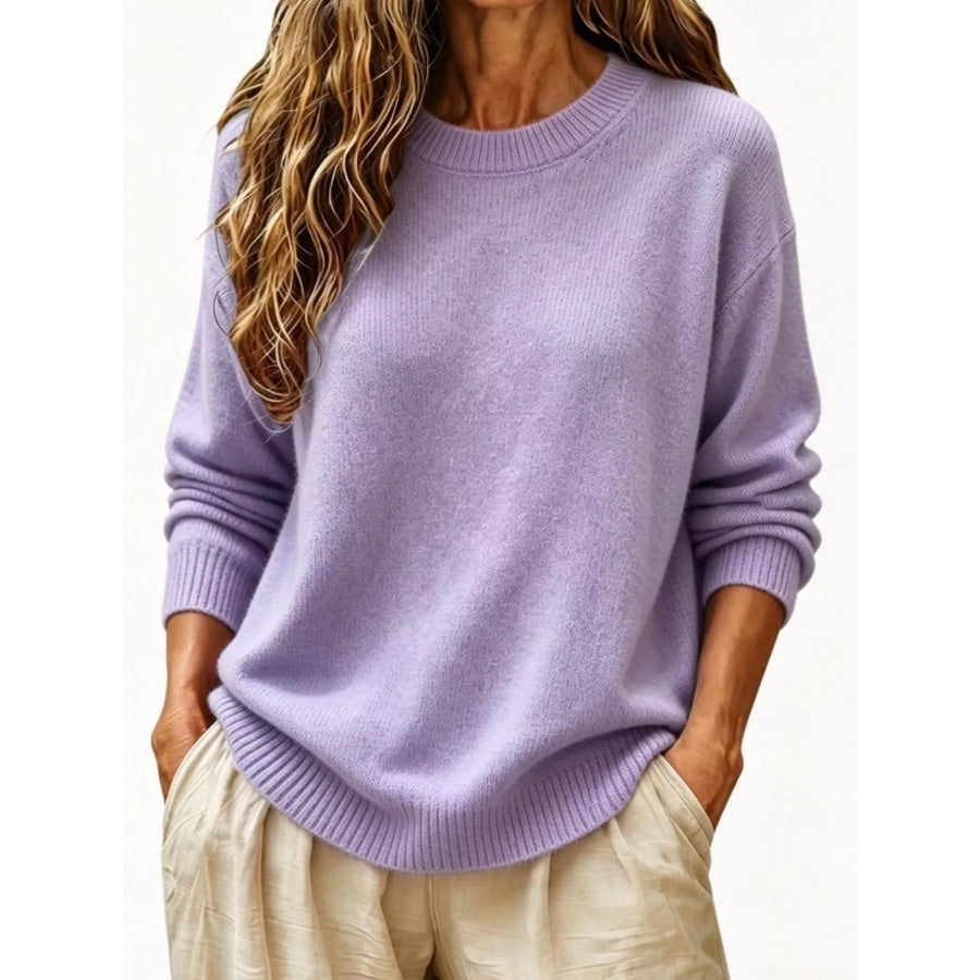 Full Size Round Neck Dropped Shoulder Sweater Plus Size Purple / S Apparel and Accessories