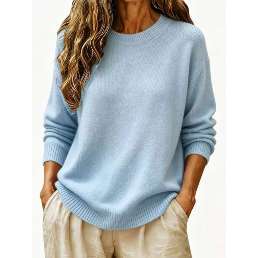 Full Size Round Neck Dropped Shoulder Sweater Plus Size Sky Blue / S Apparel and Accessories