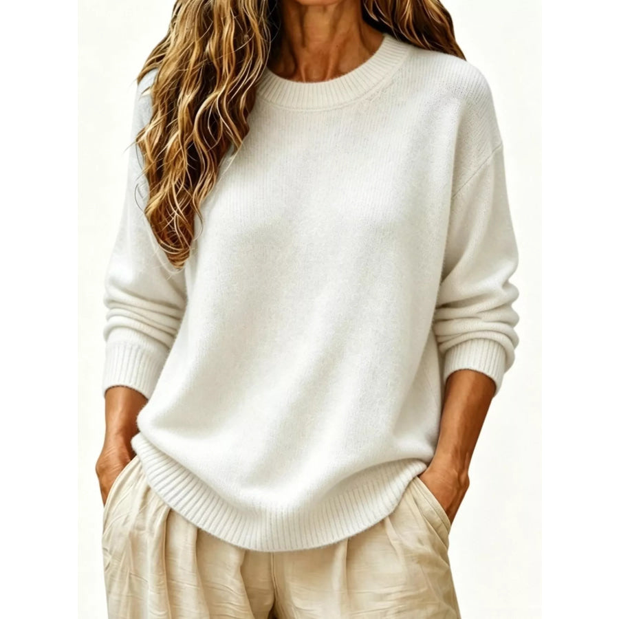 Full Size Round Neck Dropped Shoulder Sweater Plus Size White / S Apparel and Accessories