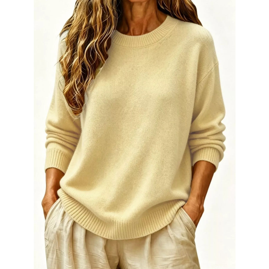 Full Size Round Neck Dropped Shoulder Sweater Plus Size Yellow / S Apparel and Accessories