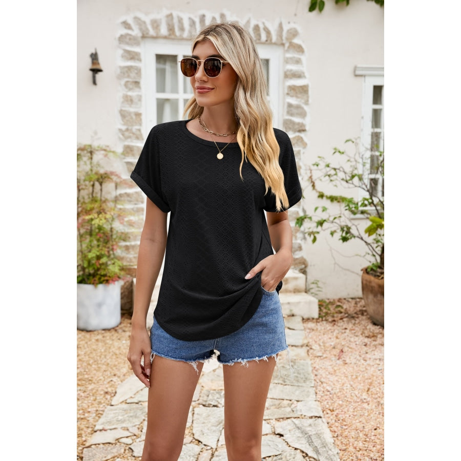 Full Size Round Neck Eyelet Short Sleeve Top Black / S