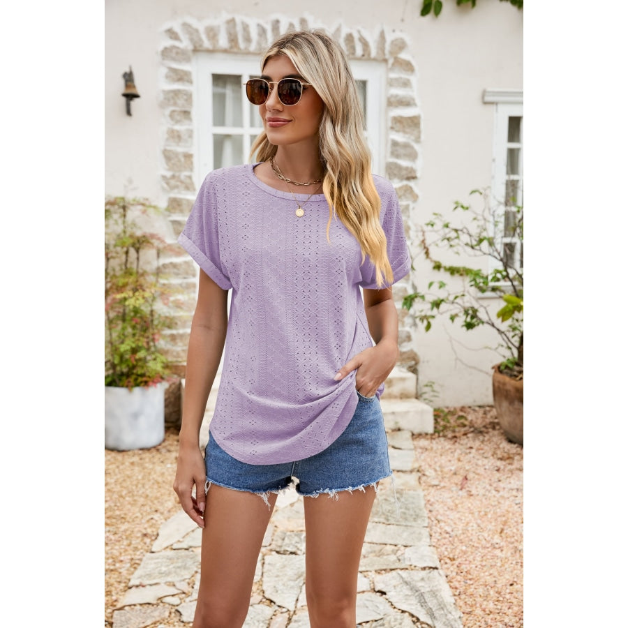 Full Size Round Neck Eyelet Short Sleeve Top Lavender / S