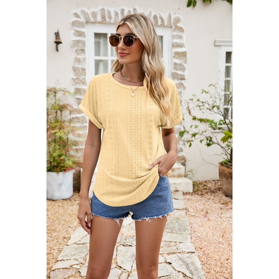 Full Size Round Neck Eyelet Short Sleeve Top Pastel Yellow / S