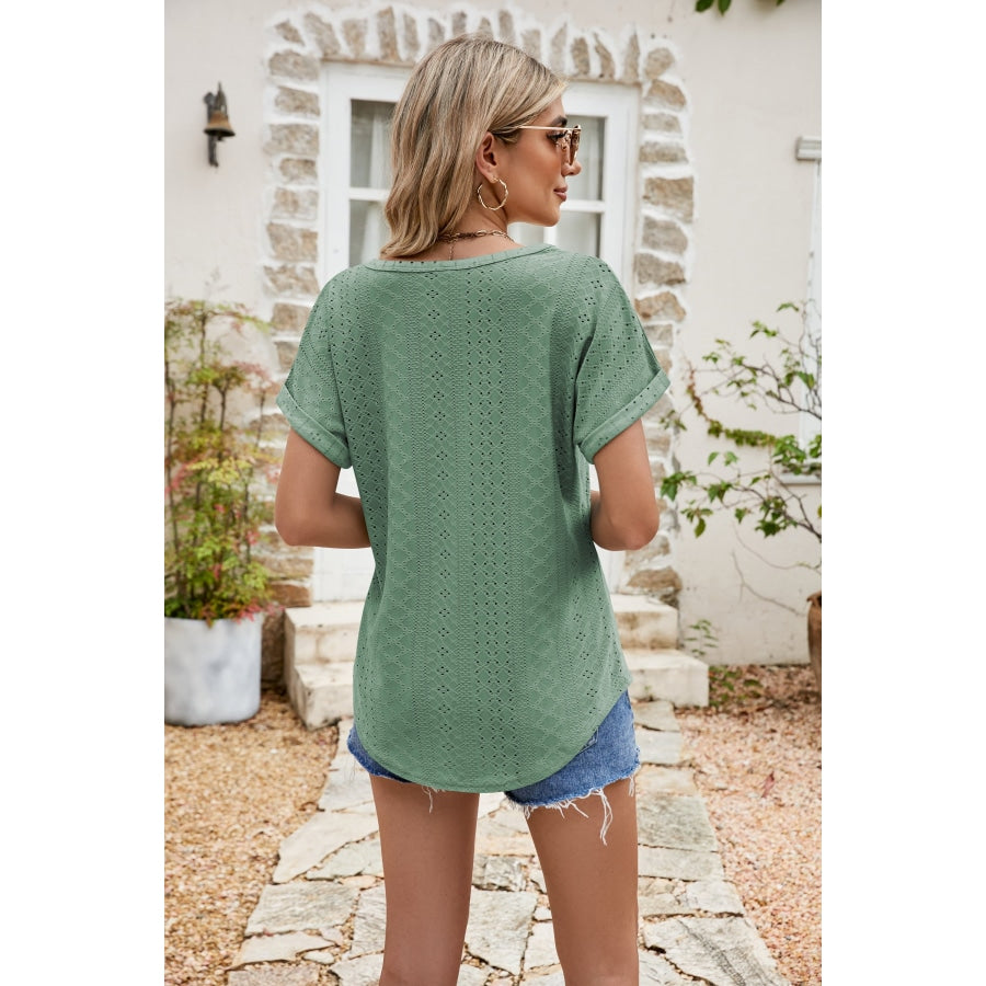 Full Size Round Neck Eyelet Short Sleeve Top