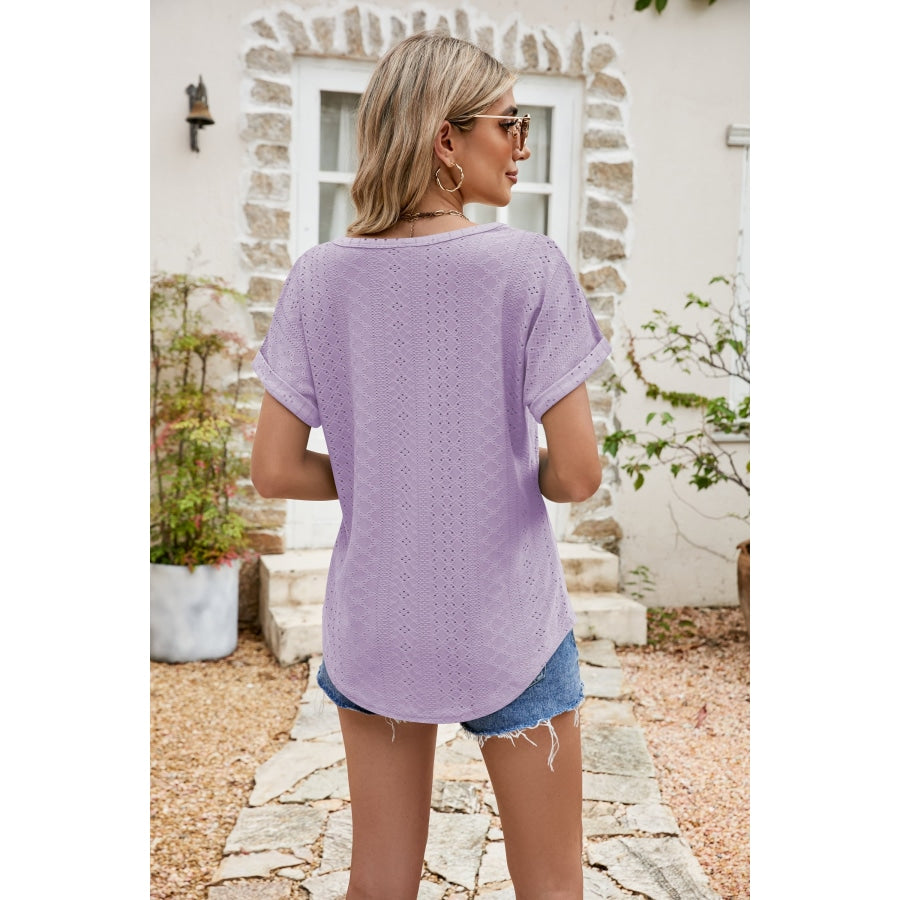 Full Size Round Neck Eyelet Short Sleeve Top