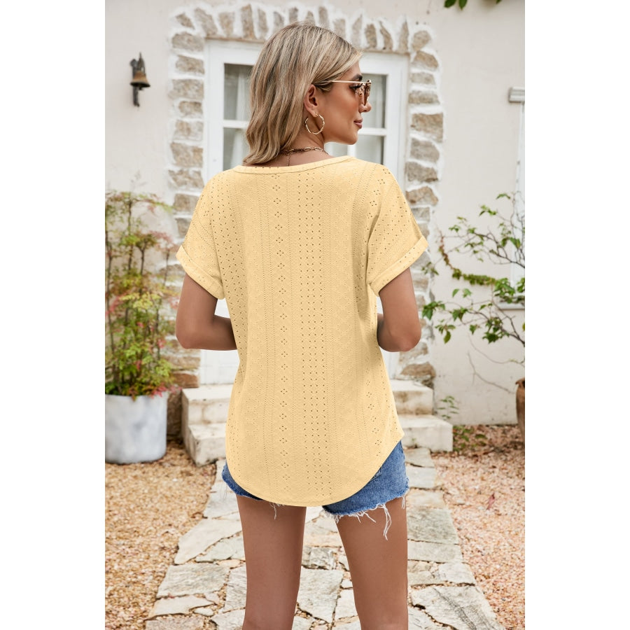 Full Size Round Neck Eyelet Short Sleeve Top