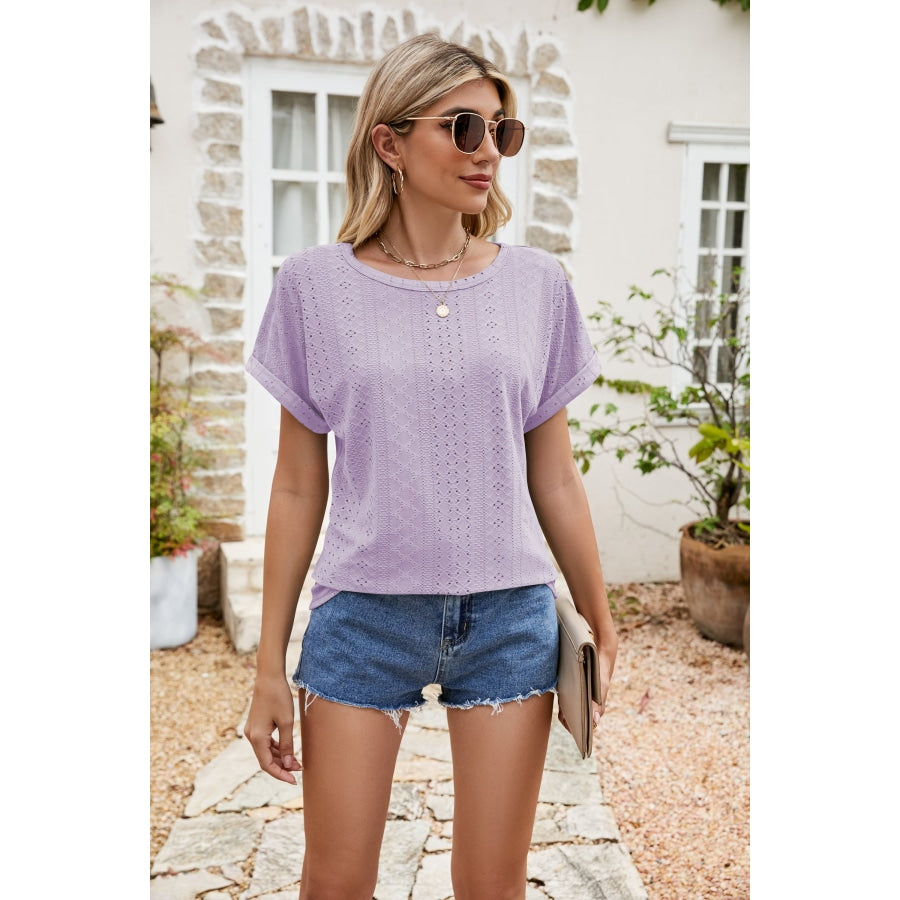 Full Size Round Neck Eyelet Short Sleeve Top