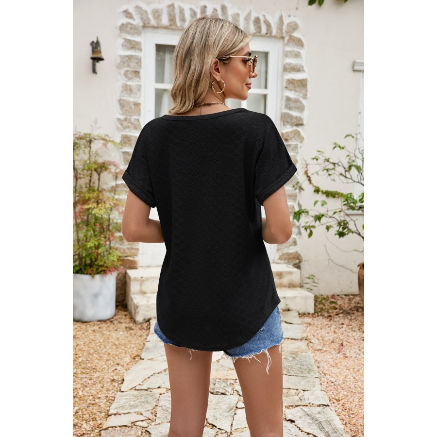 Full Size Round Neck Eyelet Short Sleeve Top