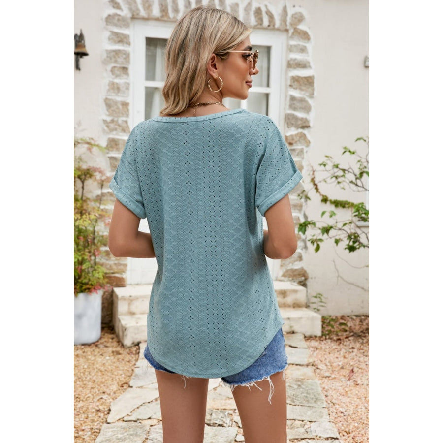 Full Size Round Neck Eyelet Short Sleeve Top