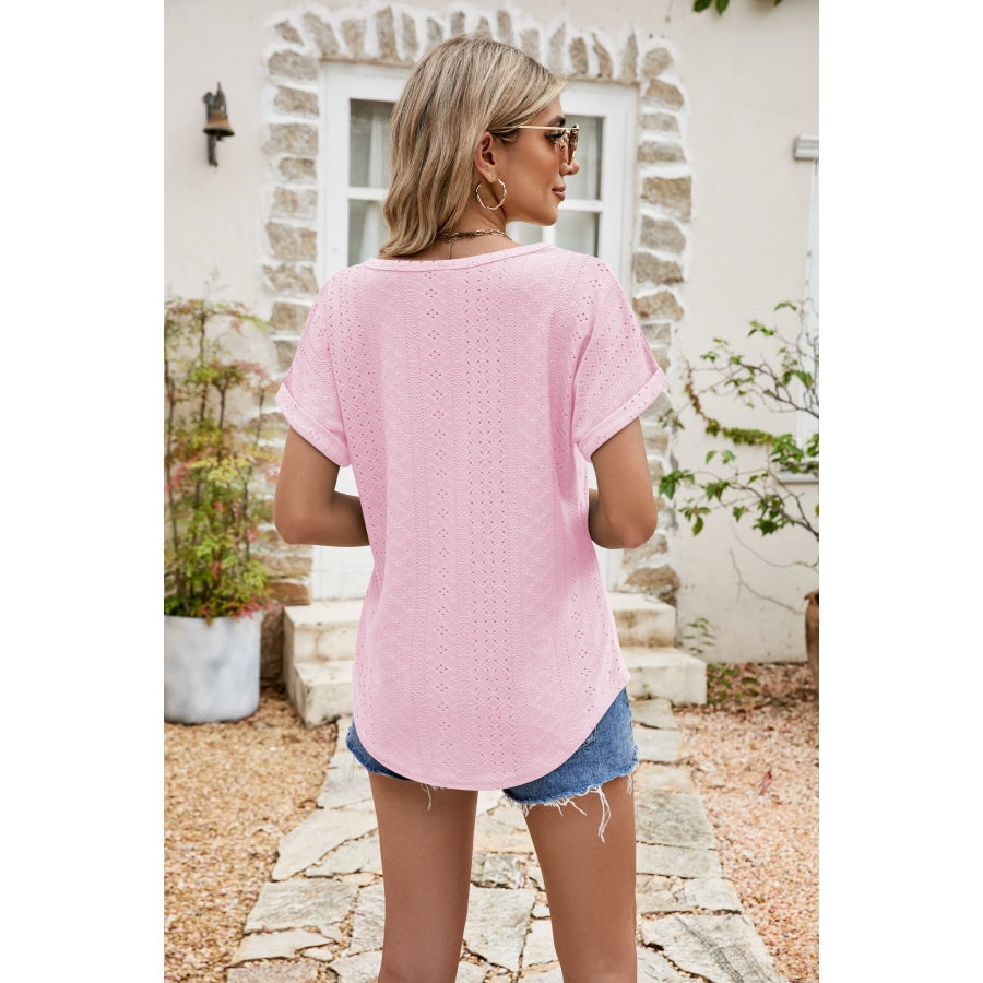 Full Size Round Neck Eyelet Short Sleeve Top