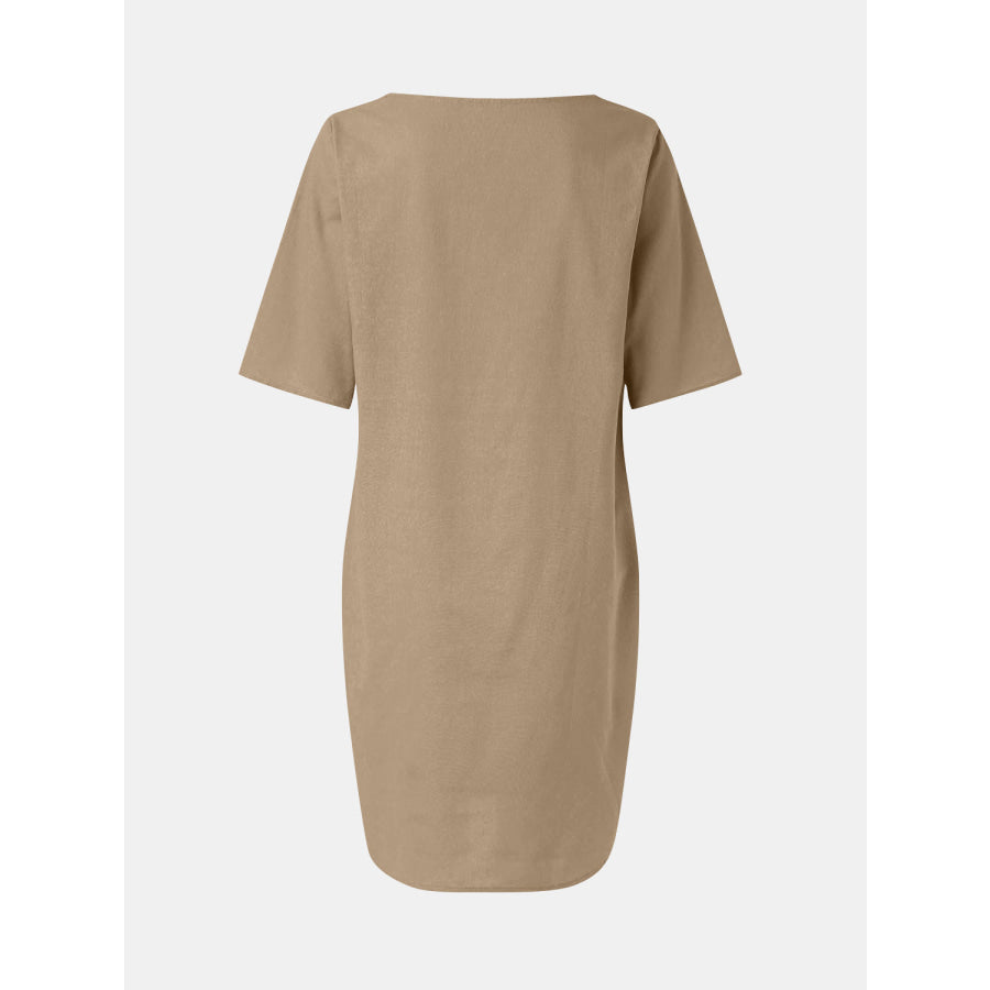 Full Size Round Neck Half Sleeve Dress with Pockets Tan / S Apparel and Accessories