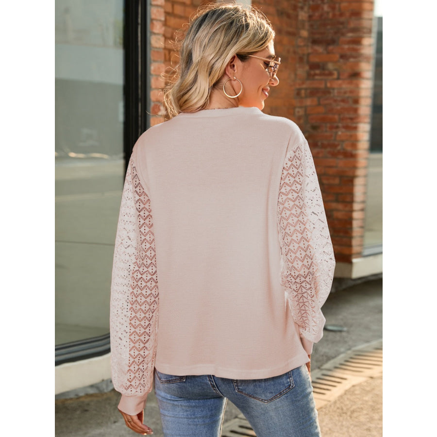 Full Size Round Neck Lace Long Sleeve T-Shirt Plus Size Apparel and Accessories