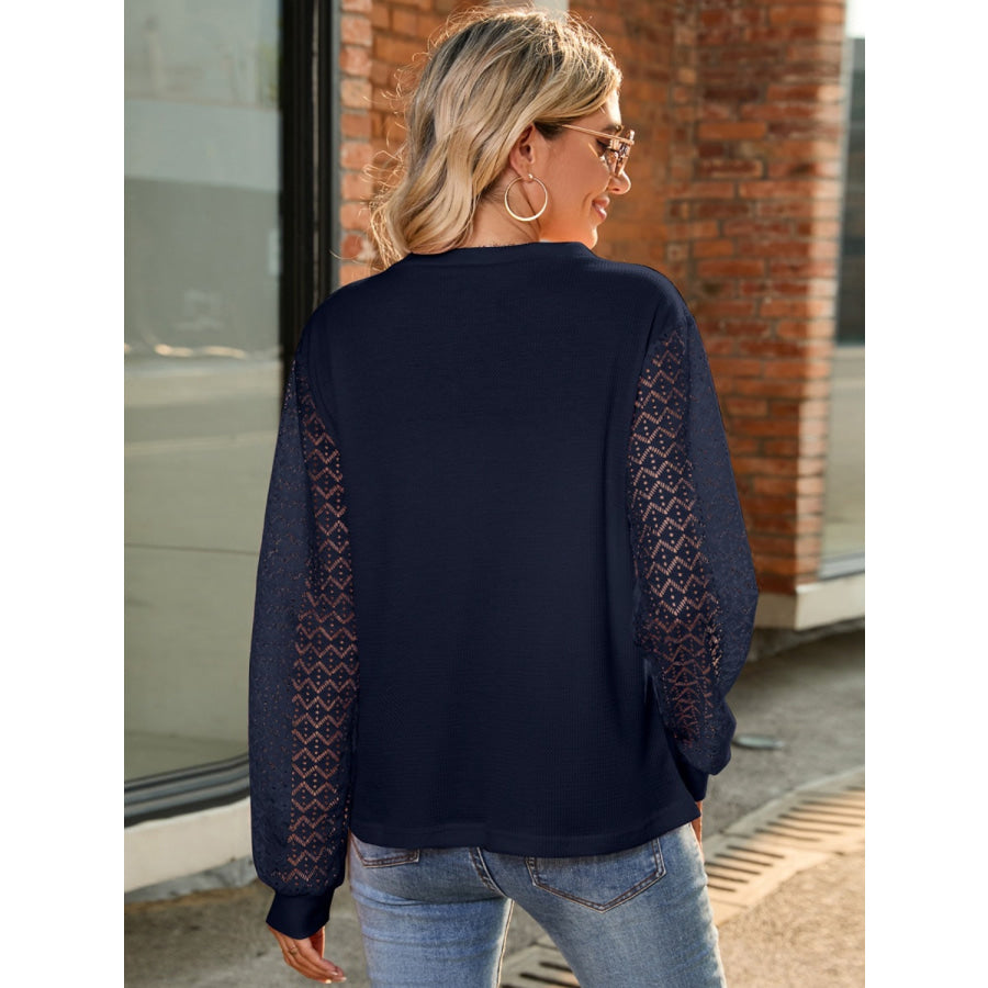 Full Size Round Neck Lace Long Sleeve T-Shirt Plus Size Apparel and Accessories