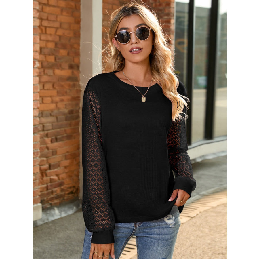 Full Size Round Neck Lace Long Sleeve T-Shirt Plus Size Black / S Apparel and Accessories