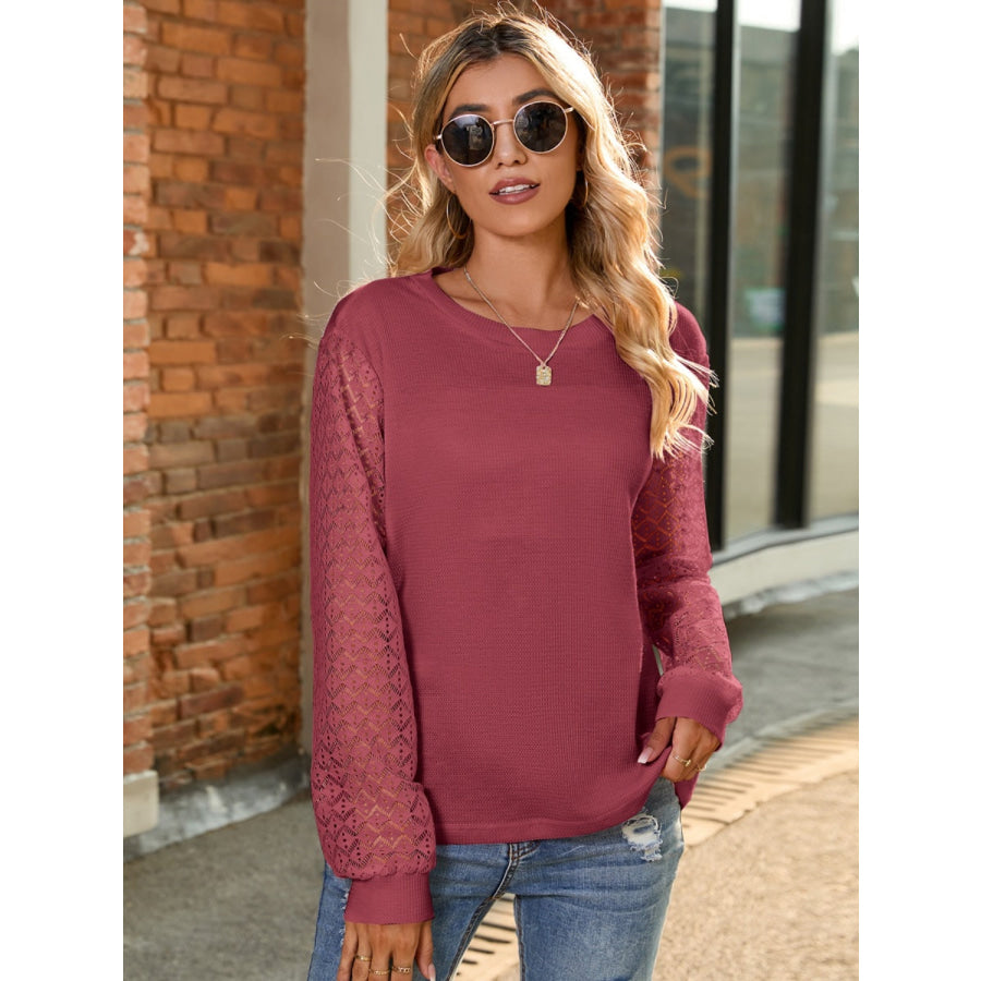 Full Size Round Neck Lace Long Sleeve T-Shirt Plus Size Burgundy / S Apparel and Accessories