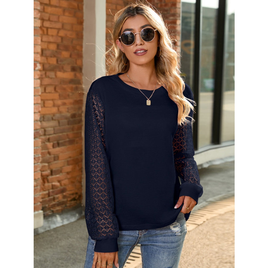Full Size Round Neck Lace Long Sleeve T-Shirt Plus Size Dark Navy / S Apparel and Accessories