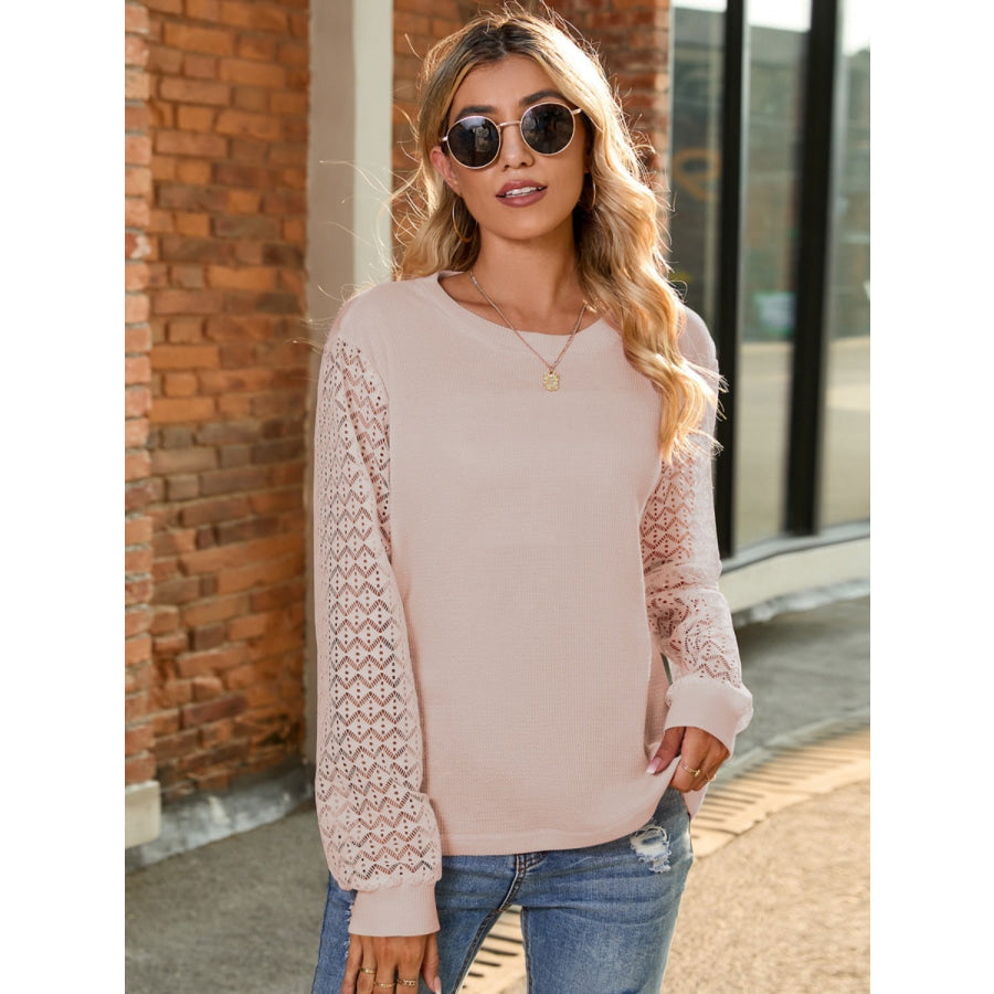Full Size Round Neck Lace Long Sleeve T-Shirt Plus Size Eggshell / S Apparel and Accessories