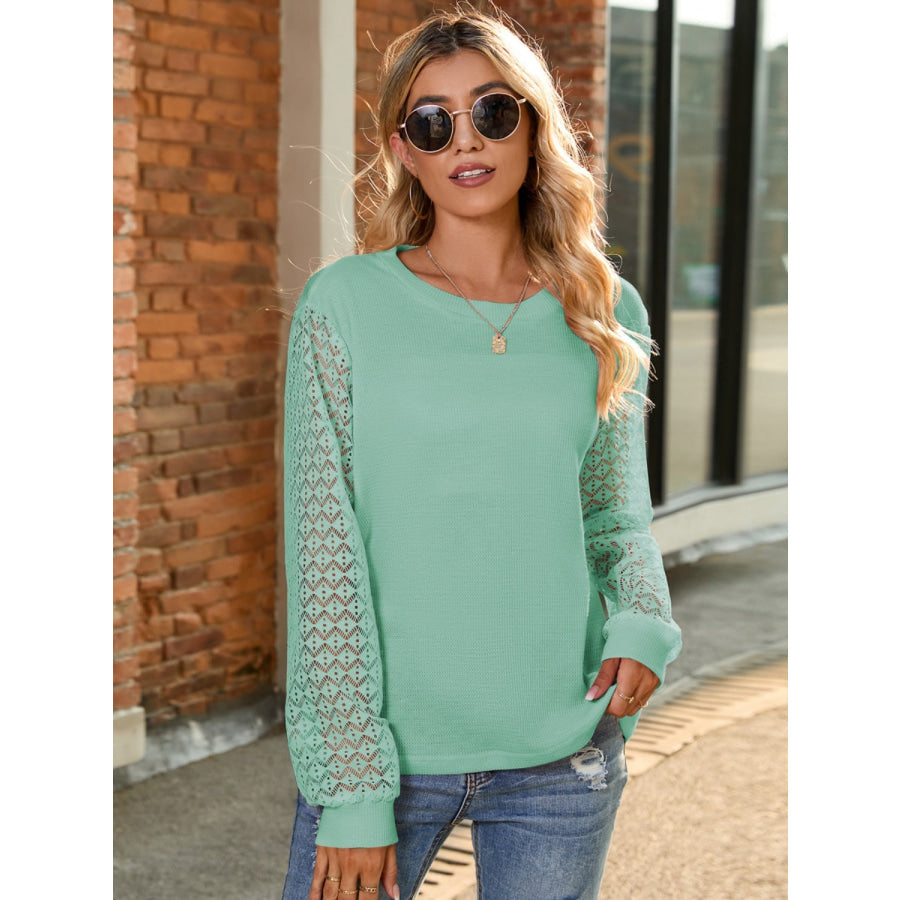 Full Size Round Neck Lace Long Sleeve T-Shirt Plus Size Gum Leaf / S Apparel and Accessories