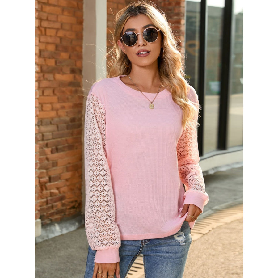Full Size Round Neck Lace Long Sleeve T-Shirt Plus Size Pink / S Apparel and Accessories