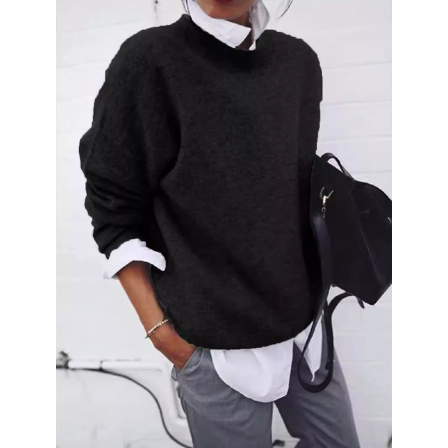 Full Size Round Neck Long Sleeve Sweater Plus Black / S Apparel and Accessories