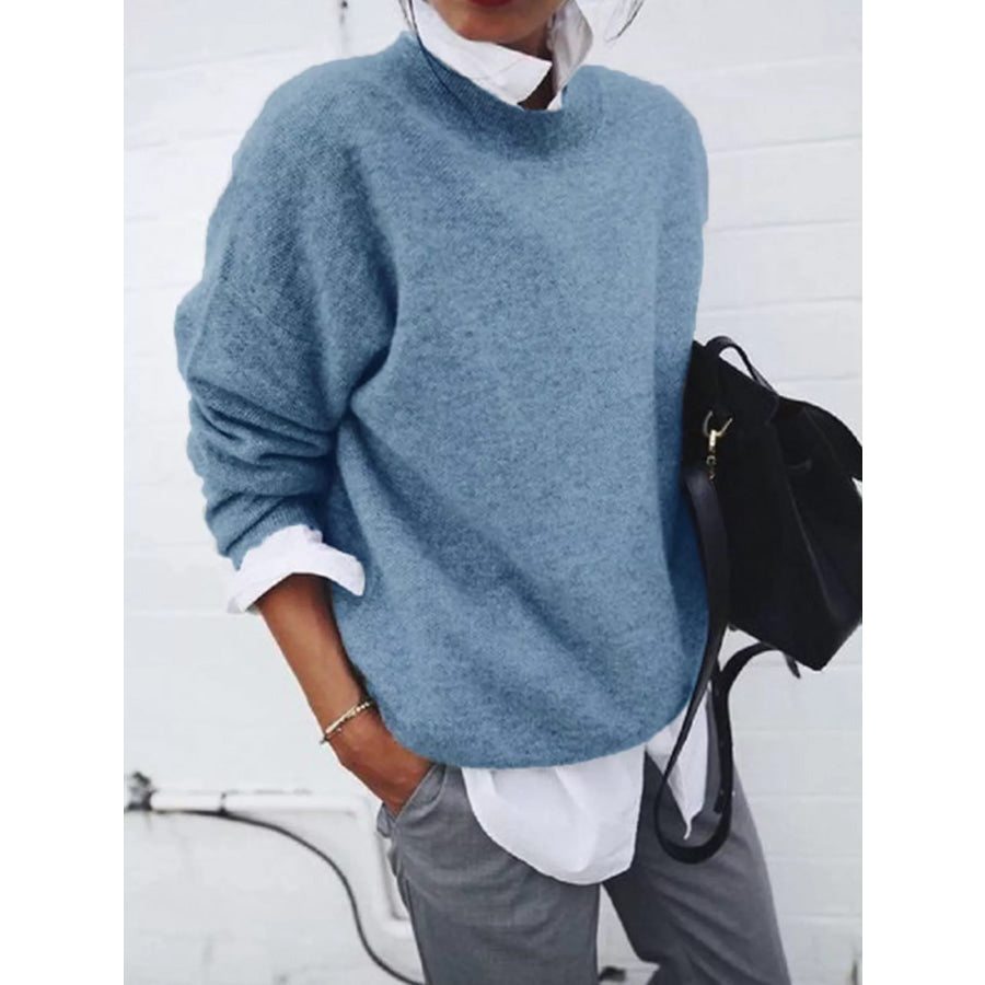 Full Size Round Neck Long Sleeve Sweater Plus Dusty Blue / S Apparel and Accessories