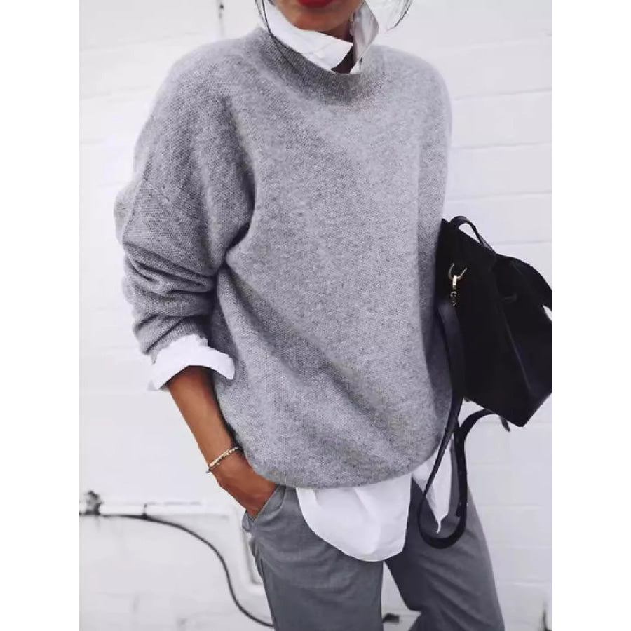 Full Size Round Neck Long Sleeve Sweater Plus Gray / S Apparel and Accessories