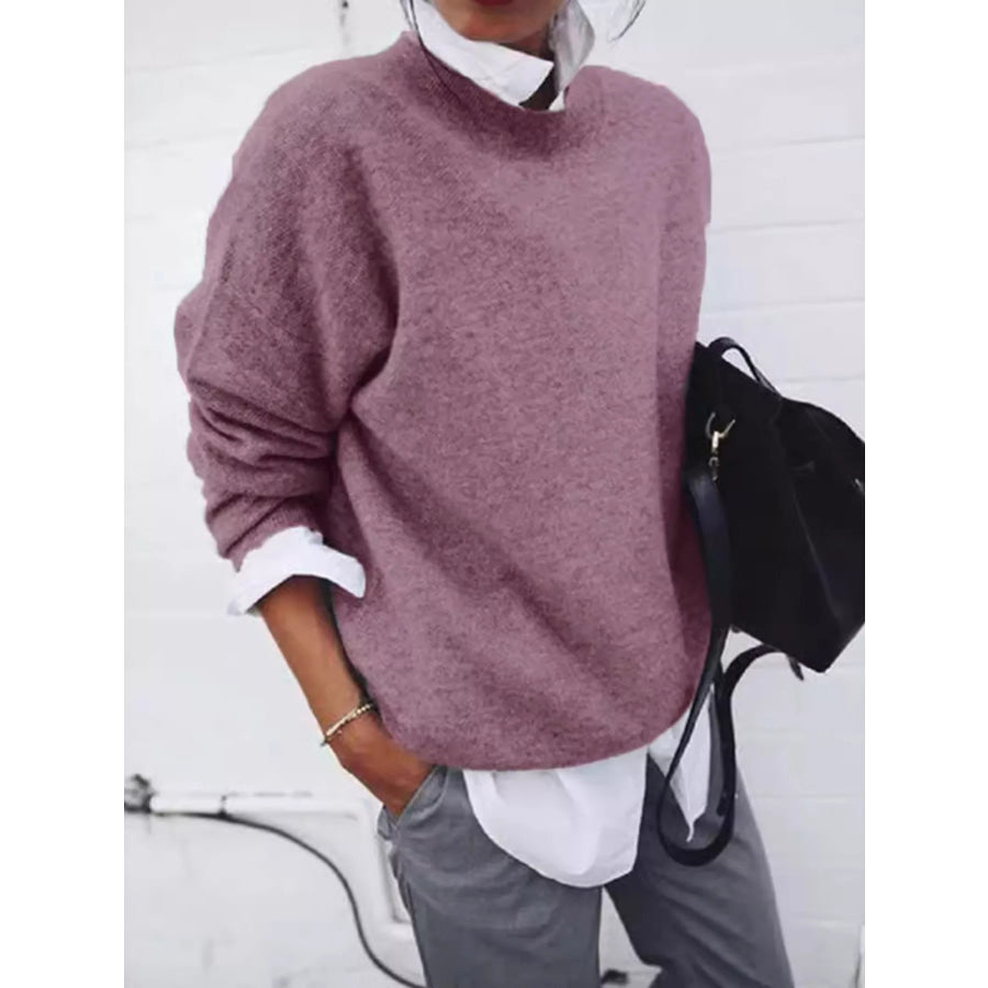 Full Size Round Neck Long Sleeve Sweater Plus Lilac / S Apparel and Accessories