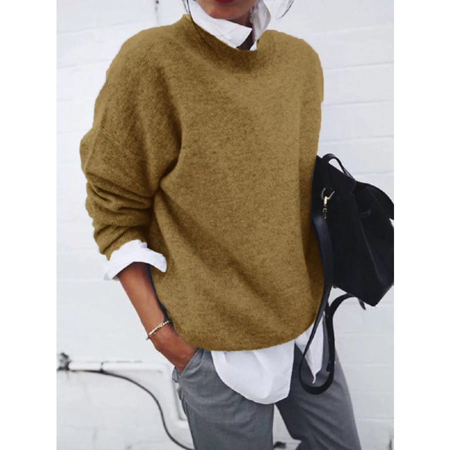 Full Size Round Neck Long Sleeve Sweater Plus Taupe / S Apparel and Accessories