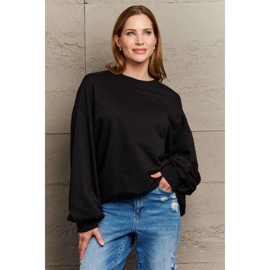 Full Size Round Neck Long Sleeve Sweatshirt Black / S Apparel and Accessories