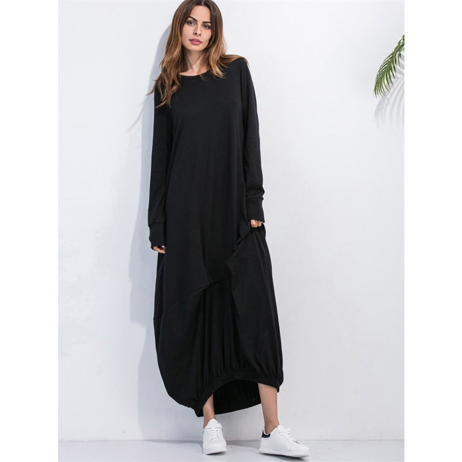 Full Size Round Neck Long Sleeve Sweatshirt Dress Black / S