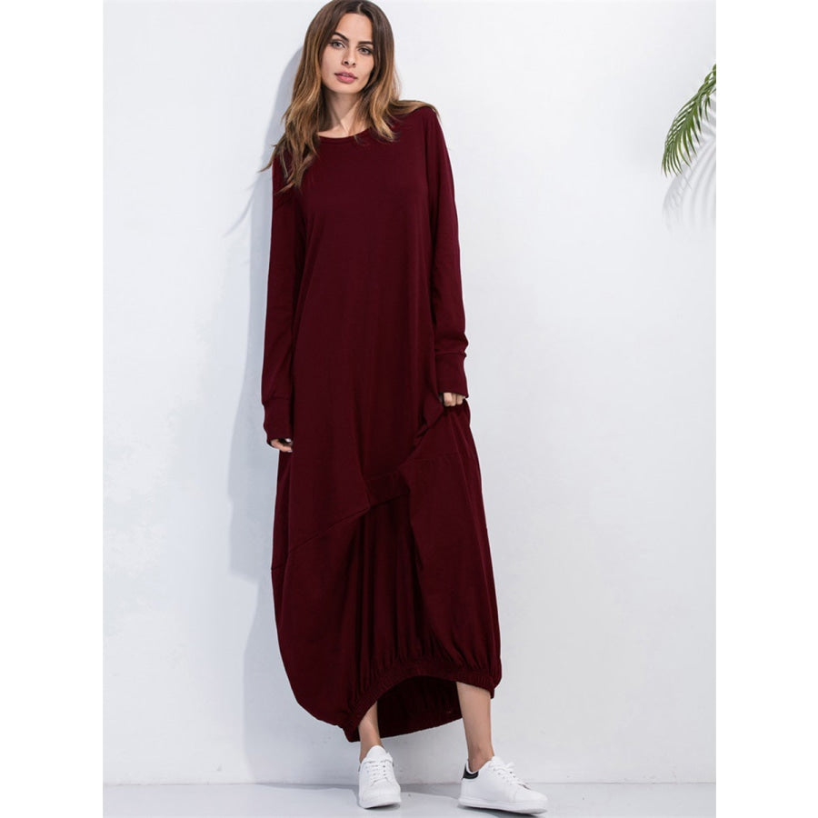 Full Size Round Neck Long Sleeve Sweatshirt Dress Wine / S