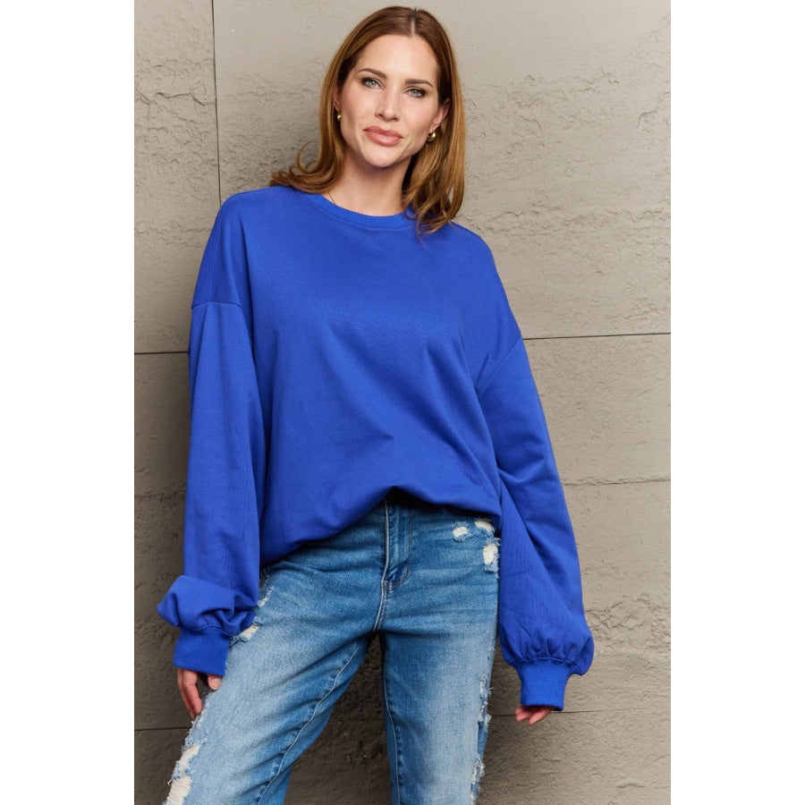 Full Size Round Neck Long Sleeve Sweatshirt Royal Blue / S Apparel and Accessories