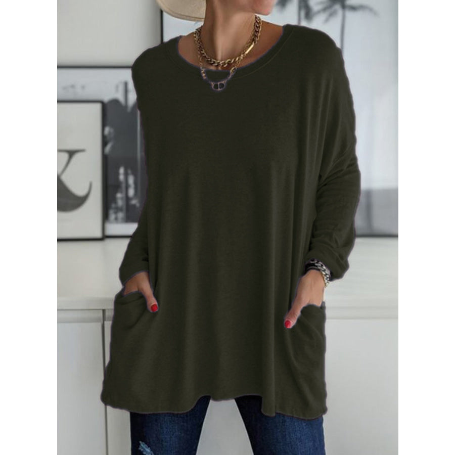 Full Size Round Neck Long Sleeve T-Shirt Army Green / S Apparel and Accessories