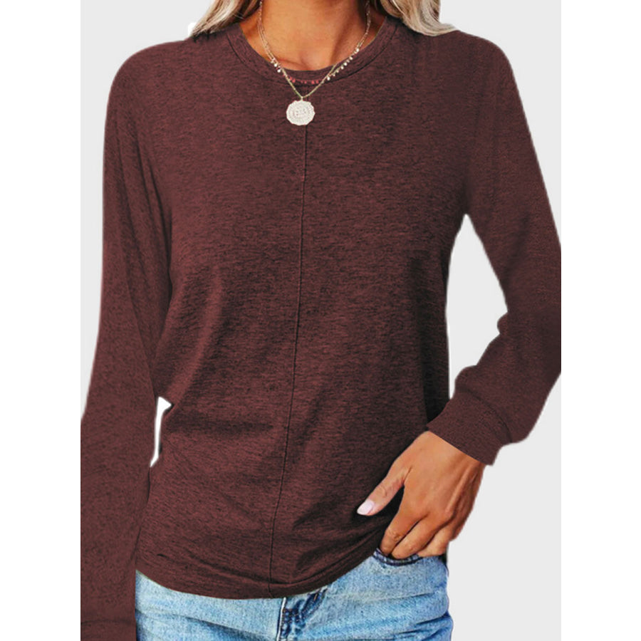 Full Size Round Neck Long Sleeve T-Shirt Burgundy / S Apparel and Accessories