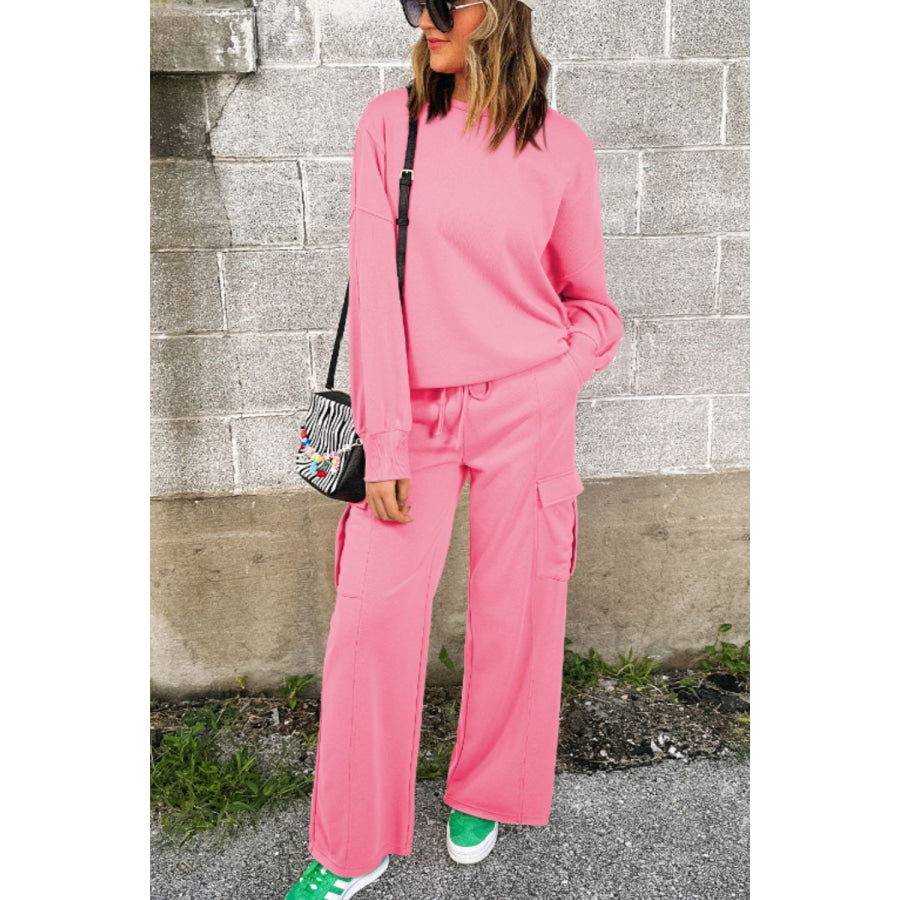 Full Size Round Neck Long Sleeve Top and Drawstring Pants Set Pink / S Apparel and Accessories