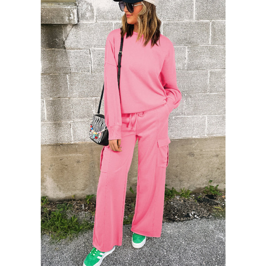 Full Size Round Neck Long Sleeve Top and Drawstring Pants Set Pink / S Apparel and Accessories