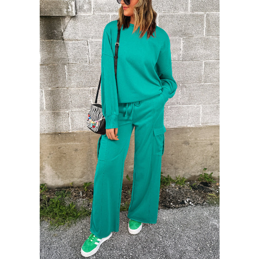 Full Size Round Neck Long Sleeve Top and Drawstring Pants Set Turquoise / S Apparel and Accessories