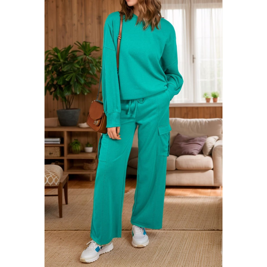 Full Size Round Neck Long Sleeve Top and Drawstring Pants Set Turquoise / S Apparel and Accessories