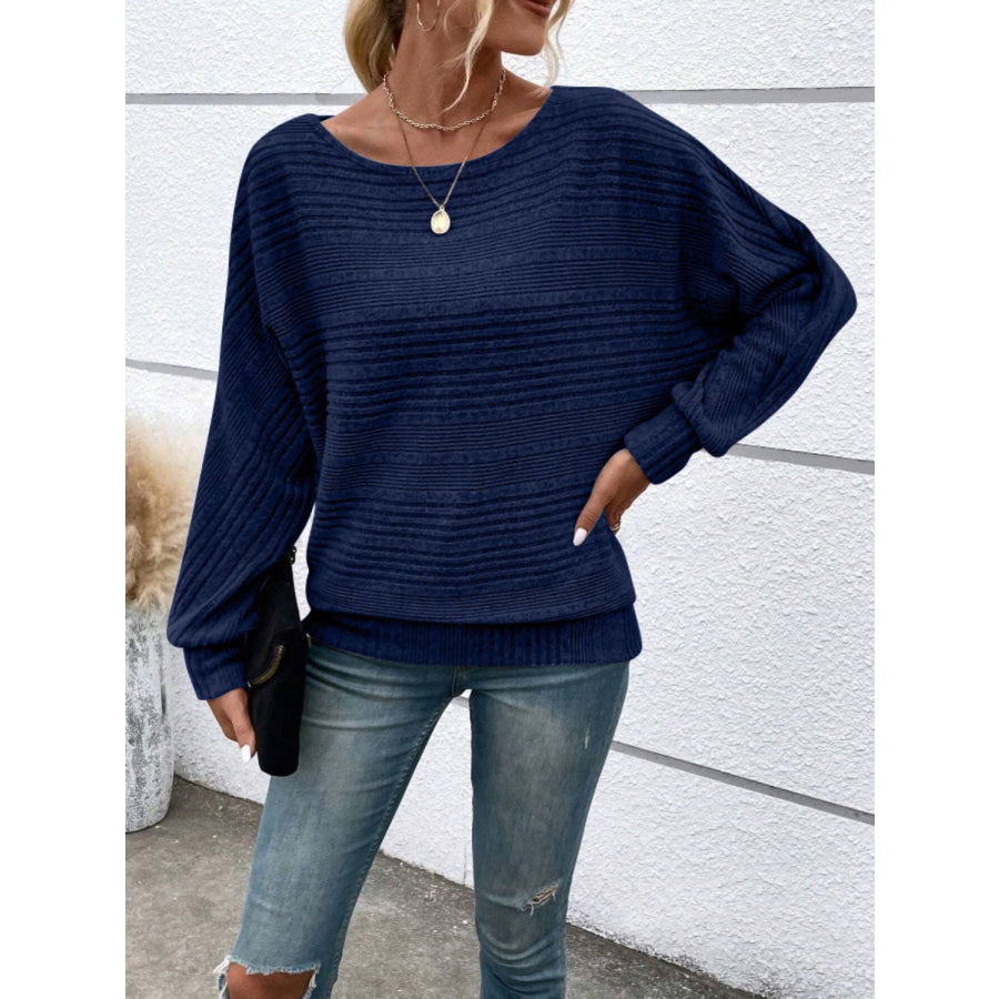 Full Size Round Neck Long Sleeve Top Dark Blue / S Apparel and Accessories