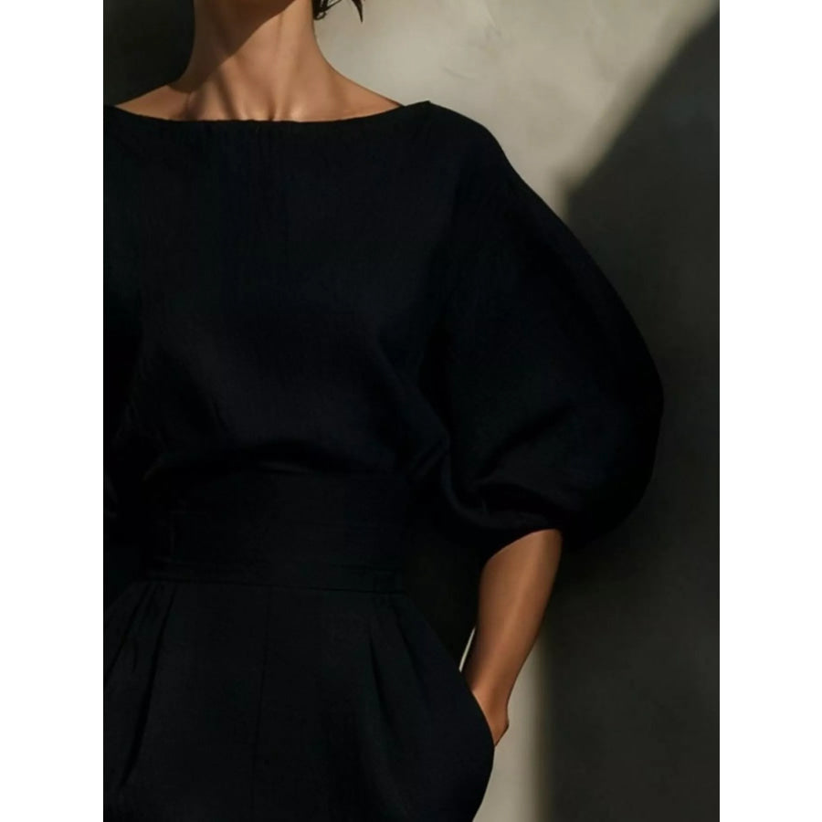 Full Size Round Neck Puff Sleeve Midi Dress Plus Size Apparel and Accessories