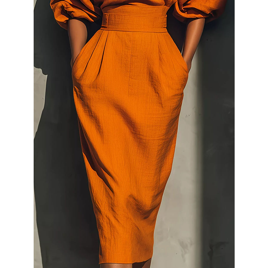 Full Size Round Neck Puff Sleeve Midi Dress Plus Size Apparel and Accessories