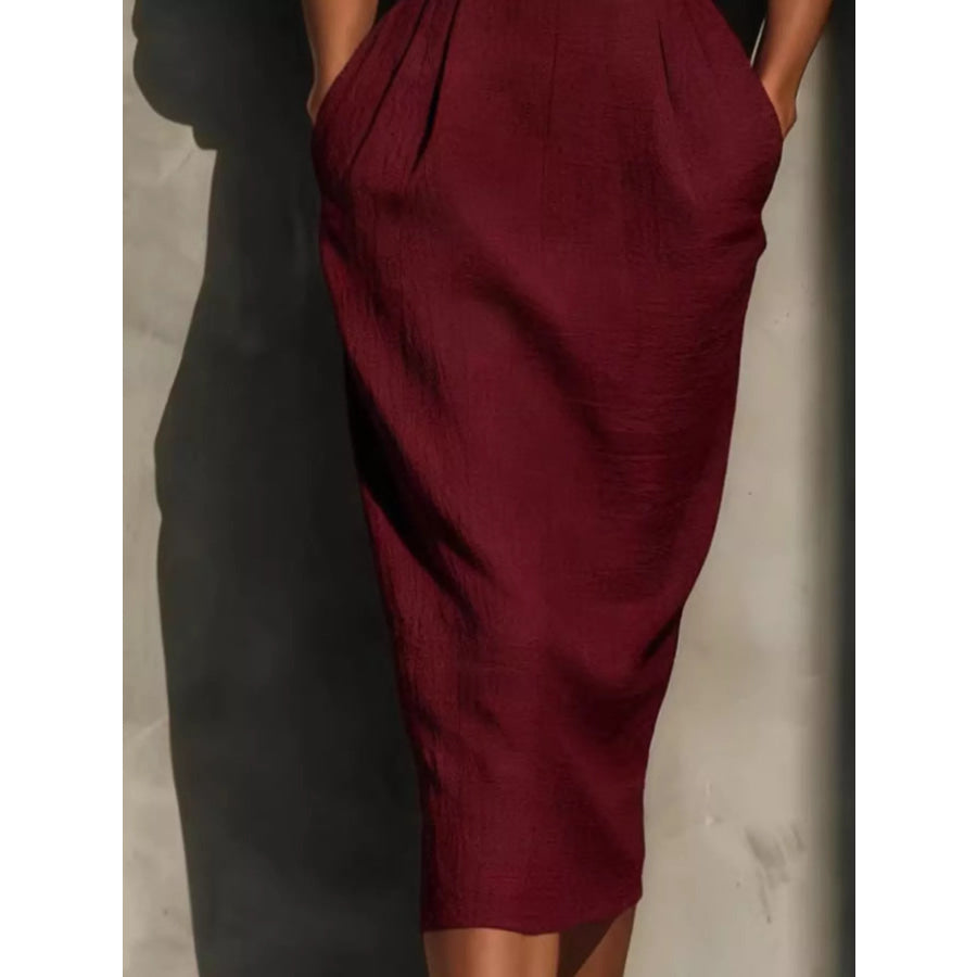 Full Size Round Neck Puff Sleeve Midi Dress Plus Size Apparel and Accessories