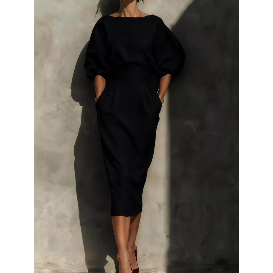 Full Size Round Neck Puff Sleeve Midi Dress Plus Size Black / S Apparel and Accessories