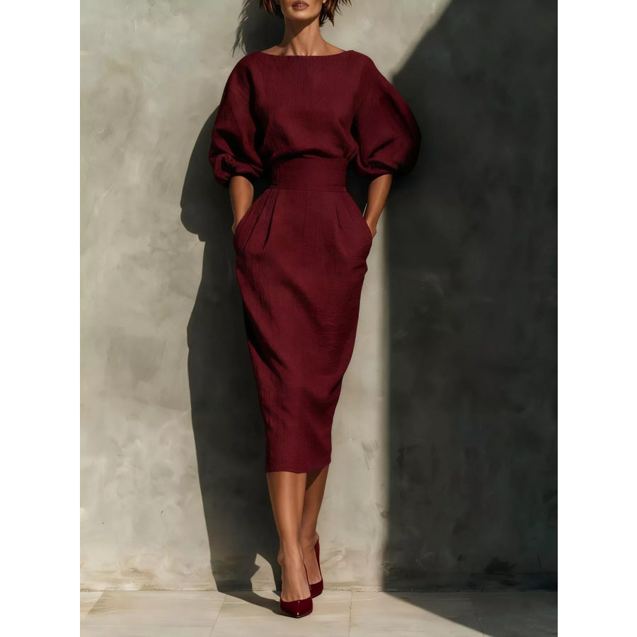 Full Size Round Neck Puff Sleeve Midi Dress Plus Size Burgundy / S Apparel and Accessories